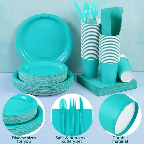 Miniatura 3 de Durony 350 piezas, suministros para fiestas azul teja, juego de vajilla de papel platos de papel tazas servilletas para 50 invitados para Azul