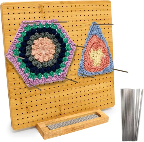 Iswabard Tabla de bloqueo de 13 x 13 pulgadas para ganchillo con 15 varillas de acero inoxidable, tabla de bloqueo de ganchillo, cuadrado de bambú