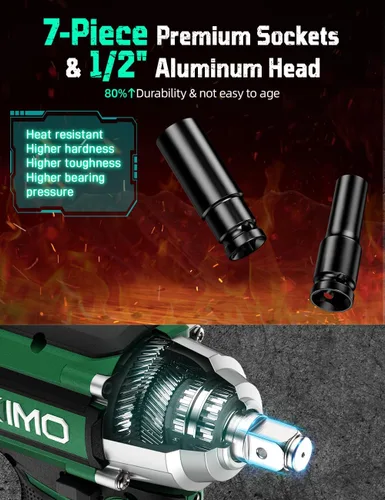 Miniatura 8 de KIMO - Llave de impacto 1/2 inalámbrica, 550 N.m/406 pies-libras de par máximo y 3000 RPM, batería de 2 x 20 V 3.0 Ah, pistola de impacto con 7 Verde