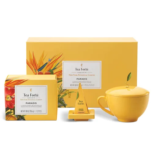 Tea Forte Paradis Juego de regalo de té premium de 3 piezas con taza de café amarilla de mango, bandeja de té y 10 bolsas de infusor de té de