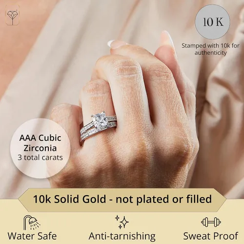 Miniatura 2 de MAX + STONE Anillo de compromiso de circonita cúbica cuadrada de corte princesa de 3.0 quilates con anillo de boda para mujer en oro blanco