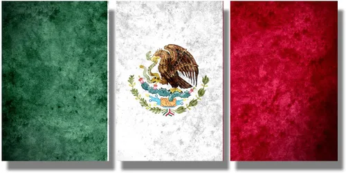 Arte de pared con bandera de México para sala de estar, pintura de pared con textura envejecida y colorida de la bandera de México, 3 piezas de