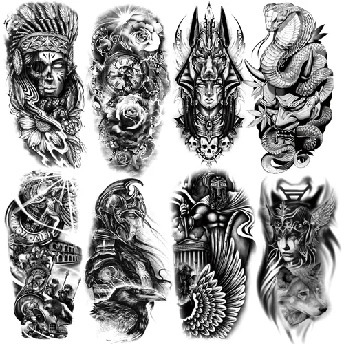 8 hojas de tatuajes temporales de guerrero mítico para adultos, nativo americano, serpiente, guerrero romano, calcomanías de tatuaje falsas, arte