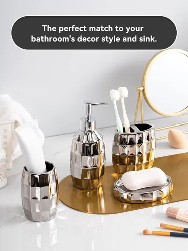 Miniatura 7 de Juego de accesorios de baño plateados, juego de accesorios de baño de cerámica de mosaico incluye dispensador de loción, vaso de soporte para Plata