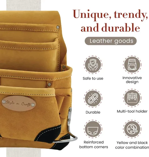 Miniatura 4 de Style n Craft Bolsa de herramientas y uñas de carpintero de 10 bolsillos, bolsa de herramientas de cuero resistente, bolsa de cuero de grano Amarillo