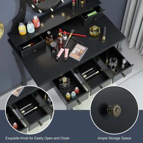 Miniatura 6 de AUGESTER - Juego de tocador de maquillaje iluminado, juego de tocador con 12 luces, espejo ovalado giratorio de 360°, 5 cajones deslizantes