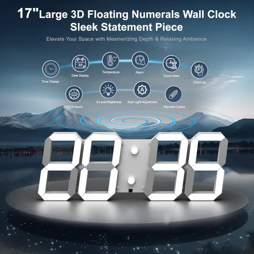 Miniatura 2 de CHKOSDA Reloj de pared digital LED 3D de 17 pulgadas con control remoto 164ft Visibility, Adjustable Brightness, Timer, 12/24 Hr Time, Date &