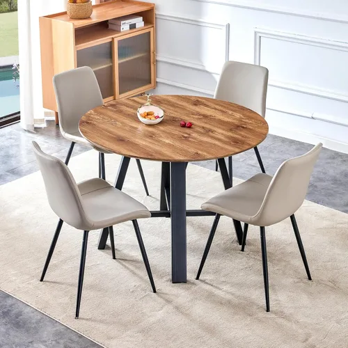 Miniatura 16 de Juego de 4 mesas de comedor redondas de 42 pulgadas para 4, sillas de mesa de cocina modernas, juego de 4 sillas tapizadas de madera con patas