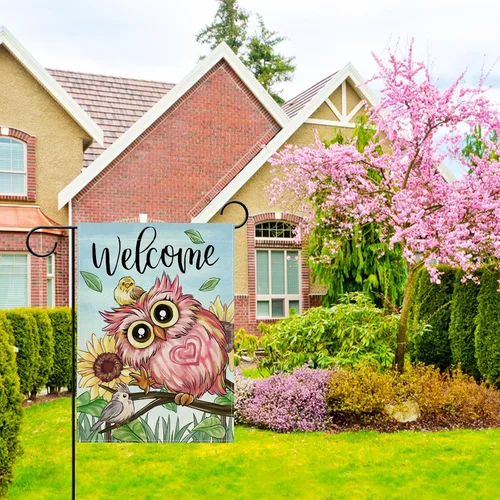 Miniatura 7 de Hzppyz Bandera de jardín de búho rosa de bienvenida para primavera y verano, de doble cara, ramas de girasol, decoración pequeña para exteriores