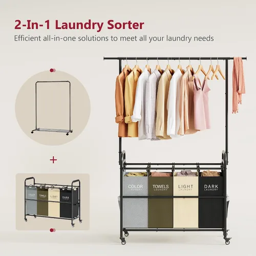 Miniatura 3 de Tajsoon Carrito Clasificador de Lavandería con Perchero para Colgar Ropa, Organizador de 3 Cestas Clasificadoras Butler, Carrito Cesto de Lavandería