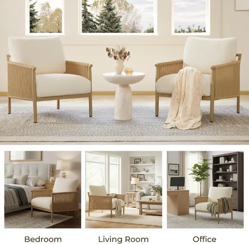 Miniatura 9 de CHITA Sillas decorativas trenzadas, sillón moderno con marco de metal con acabado similar a la madera para sala de estar y dormitorio, silla