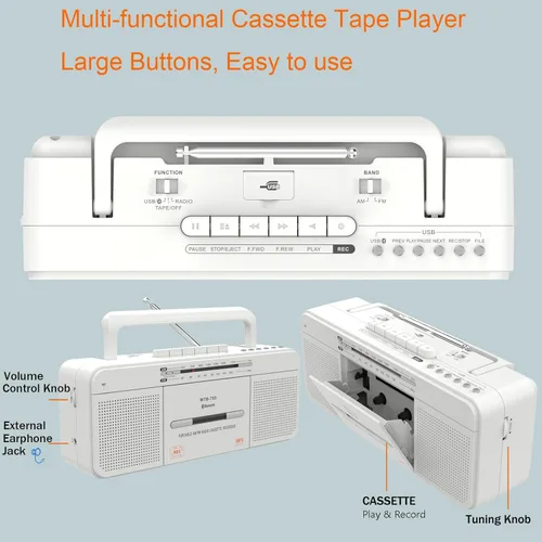 Miniatura 9 de Reproductor de cassette Boombox, radio AM/FM portátil estéreo con Bluetooth, USB, altavoz grande doble, conector para auriculares, grabación a