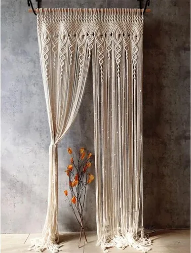 Miniatura 2 de Foreate Cortinas de macramé largas de algodón para colgar en la pared, cortina bohemia con cuentas para ventana, puerta, telón de fondo de boda