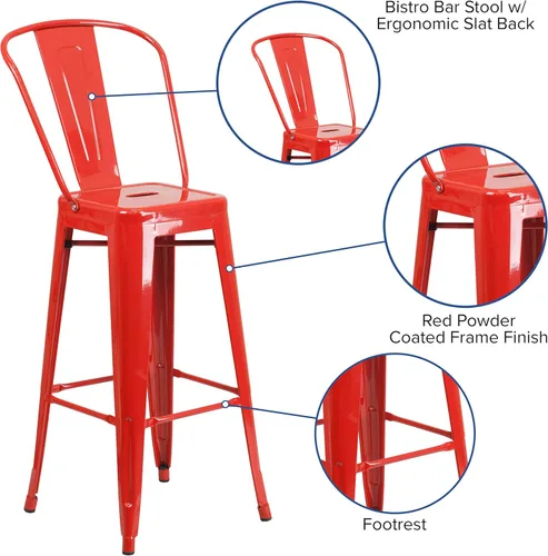 Miniatura 4 de EMMA + OLIVER Paquete de 4 taburetes de bar de metal rojo de 30 pulgadas de alto para interiores y exteriores con respaldo, muebles de cocina