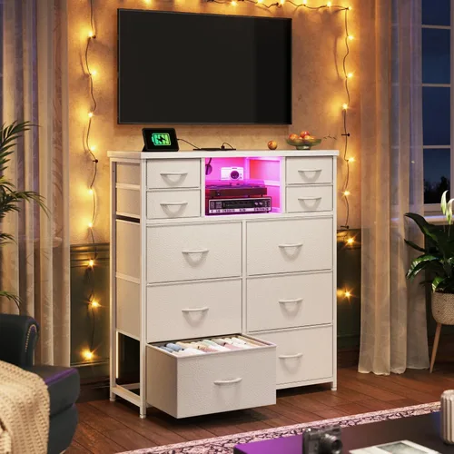 Miniatura 6 de Romorgniz - Cómoda blanca para dormitorio con 10 cajones con luz LED y toma de corriente, cómodas de tela y cómoda con estantes abiertos para Blanco