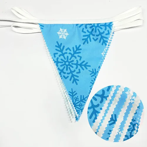 Miniatura 3 de Pancarta de copos de nieve azules y blancos de 32 pies, bandera triangular, banderines de tela para invierno, país de las maravillas, Navidad, Azul