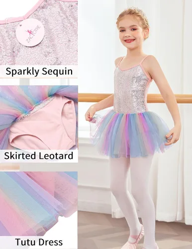 Miniatura 5 de Zaclotre Leotardo de lentejuelas para niñas pequeñas, leotardos de ballet con correa brillante, vestido tutú, traje de bailarina, disfraz de baile