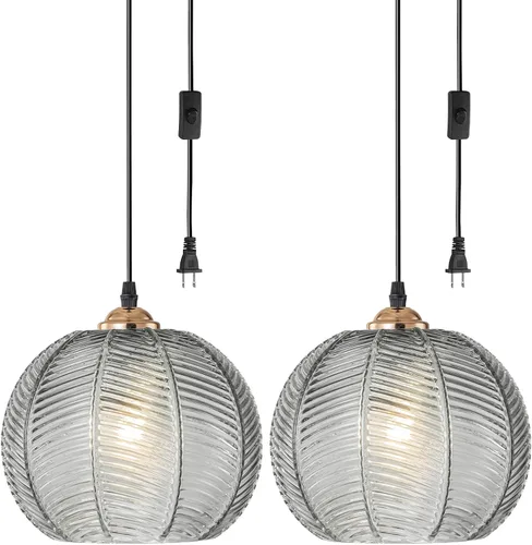 Miniatura 33 de Lámparas colgantes de esquina vintage para sala de estar, lámpara colgante de vidrio acanalado ámbar con cable enchufable, lámpara colgante bohemia
