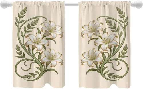 Miniatura 39 de Shrahala Art Nouveau Floral Pattern Blackout Curtain Tiers, Delicate Vine and Flower Design Kitchen Valance Light Blocking Tier Drapes with Rod