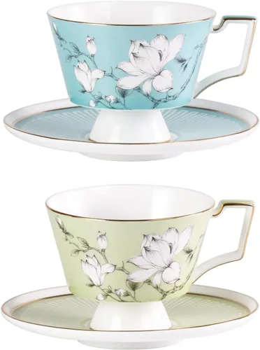 Miniatura 12 de KAMMAK Juego de 2 tazas de café de cerámica, tazas de café de porcelana con platillos, 6.52 onzas hechas a mano, elegante taza de té de porcelana
