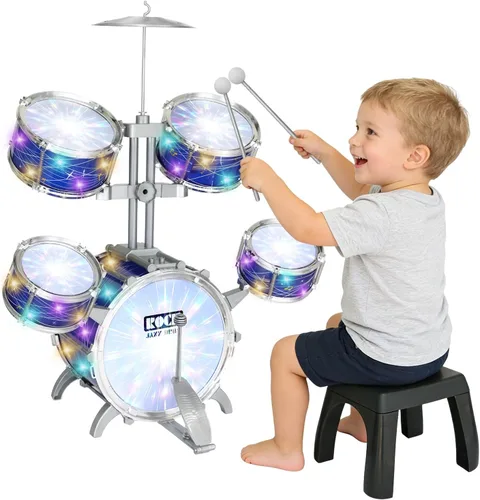 Juego de batería para niños pequeños de 1 a 3 años, kit de batería de jazz de 5 piezas con taburete, pedal de bajo y platillo, instrumento musical