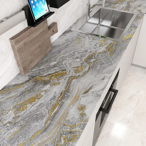 Miniatura 2 de VEELIKE Papel de contacto para encimera de mármol líquido dorado gris, impermeable, despegar y pegar para cocina, 15.7 x 354 pulgadas, papel tapiz