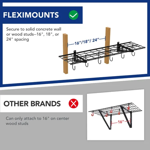 Miniatura 3 de FLEXIMOUNTS Estantería de Pared para Garaje, 1 x 4 pies, Incluye 6 Ganchos para Bicicleta, Sistema de Organización de Estantería de Pared para Negro