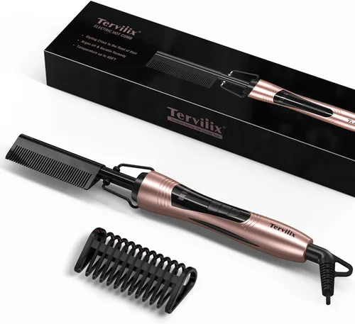 Terviiix Peine caliente eléctrico para pelucas de encaje frontal, peines de presión para cabello de mujeres negras, peine alisador antiquemaduras
