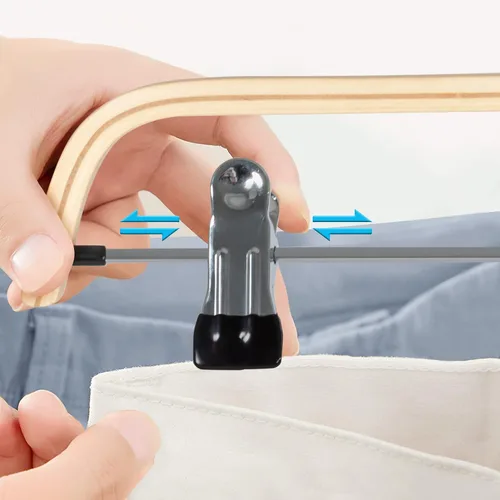 Miniatura 8 de JS HANGER Perchas de madera natural para pantalones con clips, paquete de 16 perchas de madera para faldas y pantalones para jeans, pantalones