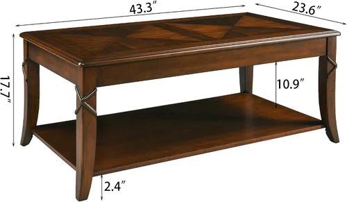 Miniatura 2 de Mesa de centro de madera maciza con estante de almacenamiento, mesa de sala de estar de mediados de siglo con mesa y patas talladas en madera, mesa