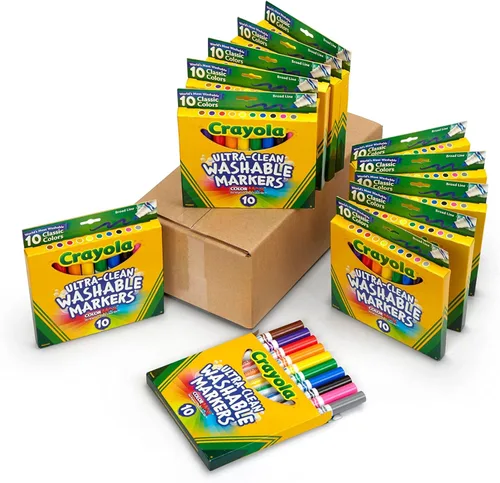 Crayola Marcadores de línea ancha lavables ultra limpios (12 cajas), marcadores de aula a granel para niños, 10 colores, lista de deseos