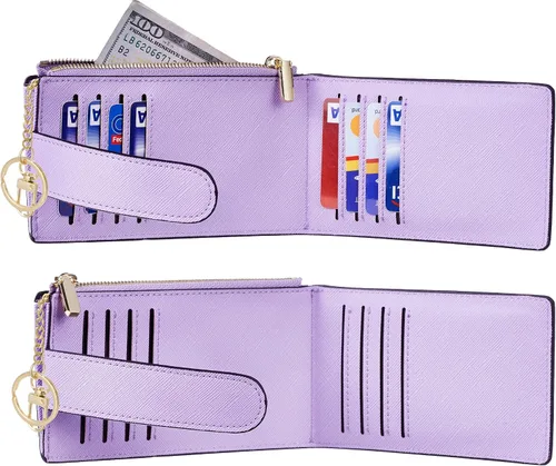 Miniatura 4 de Chelmon Billetera delgada con bloqueo RFID para mujer, con bolsillo con cremallera, Púrpura claro, Minimalista