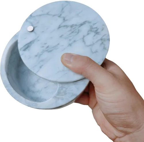 Miniatura 5 de Kerixi Bodega de sal de mármol y caja de almacenamiento con dos compartimentos, caja de sal con tapa giratoria para almacenar especias (gris blanco)