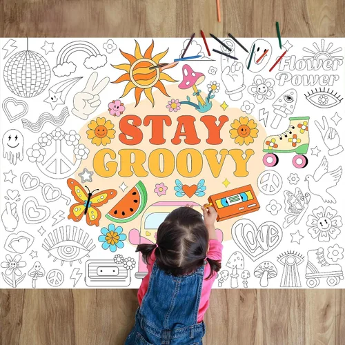 Póster gigante para colorear para niños, con temática de Groovy, grande, grande, bohemio, hippie, libro de hojas para colorear para niños, escuela,