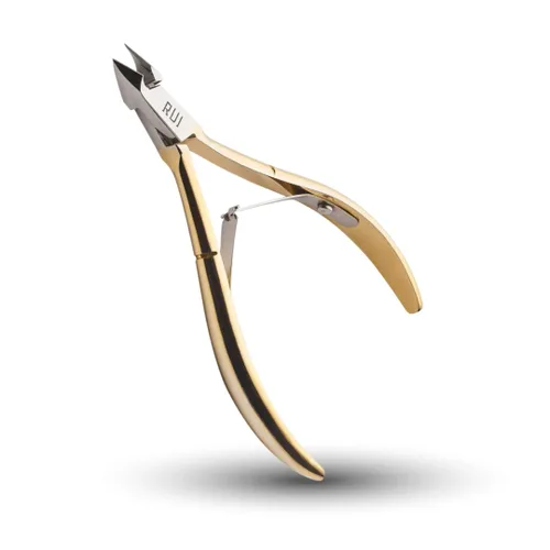 Rui Smiths Pinzas profesionales para cutículas, acero al carbono chapado en oro, mango francés, resorte doble, mandíbula de 0.236 in (mandíbula