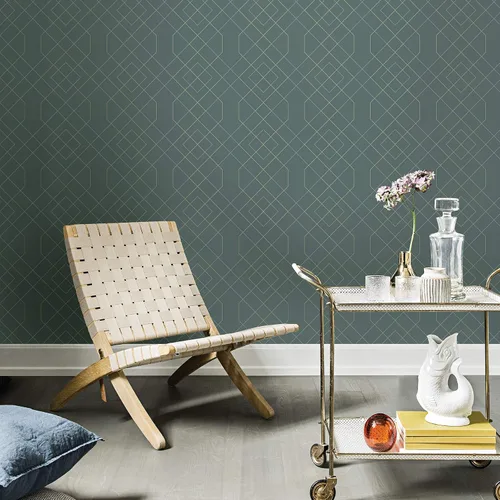 Miniatura 2 de Scott Living 2964-25911 Ballard Teal Geometric Papel pintado plateado