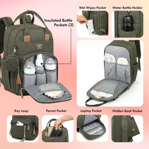 Miniatura 4 de Dikaslon Mochila para pañales con cambiador portátil, funda para chupete y correas para cochecito, bolsas de bebé unisex grandes para niños y niñas