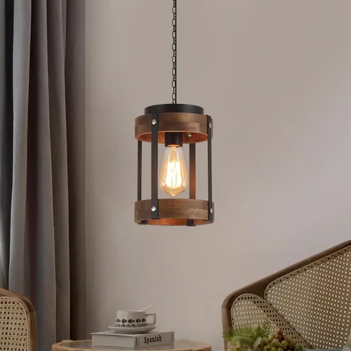 Miniatura 7 de Lámpara Colgante Rústica de Granja con Enchufe con Cadena Ajustable, Interruptor Regulable, Jaula de Tambor de Madera de Roble y Metal, Mini Lámpara