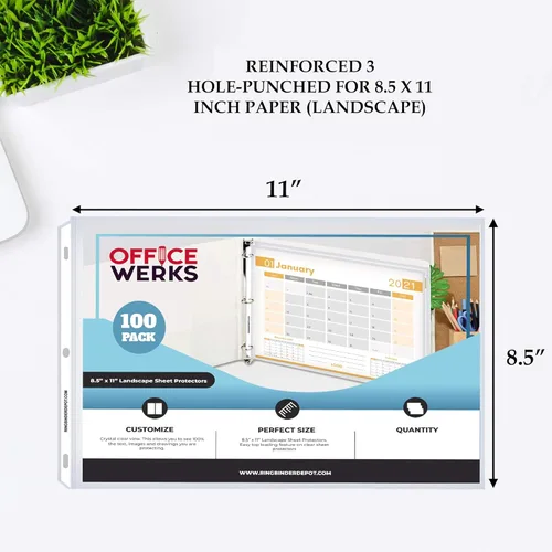 Miniatura 3 de Performore Paquete de 100 Protectores de Hojas Horizontales Fundas Transparentes de Carga Superior de 11×8.5" Perforadas con 3 Agujeros, Libres
