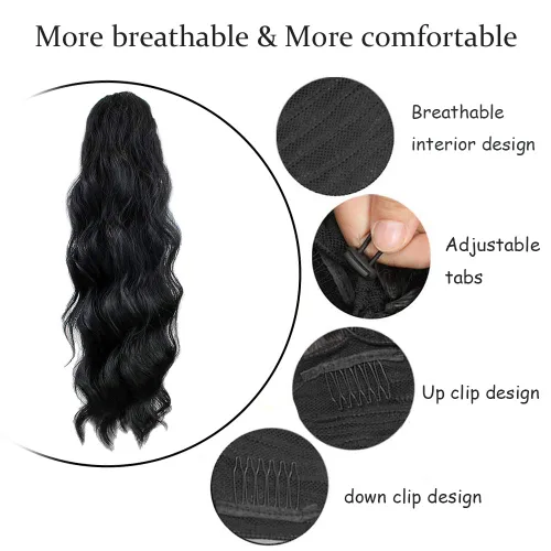 Miniatura 5 de KETHBE Extensión de pelo para cola de caballo de 24 pulgadas con onda corporal, sintética, resistente al calor, con cordón envolvente, rizada