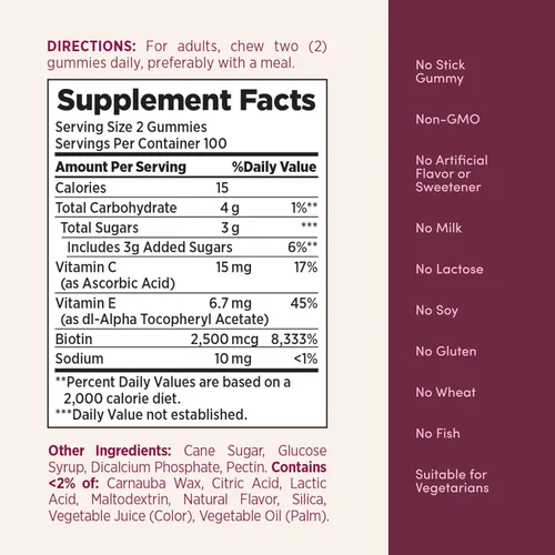 Miniatura 7 de Nature's Bounty Soluciones óptimas gomitas de pectina para cabello, piel y uñas, 2500 mcg de biotina por porción, gomitas sin pegajosidad, fórmula