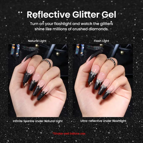 Miniatura 5 de Beetles - Esmalte de uñas de gel con purpurina reflectante y brillo de diamante, 2 piezas, juego de esmalte de uñas de gel con rayas negras