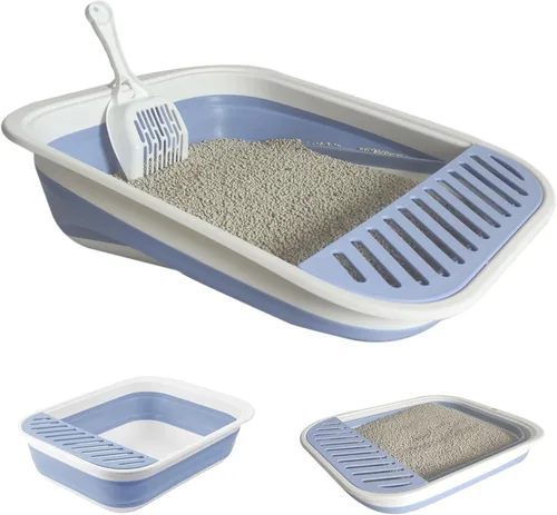 Caja de arena plegable pequeña para gatos, bandeja de orinal abierta para gatitos con cuchara, inodoro para gatos con pedal antisalpicaduras,