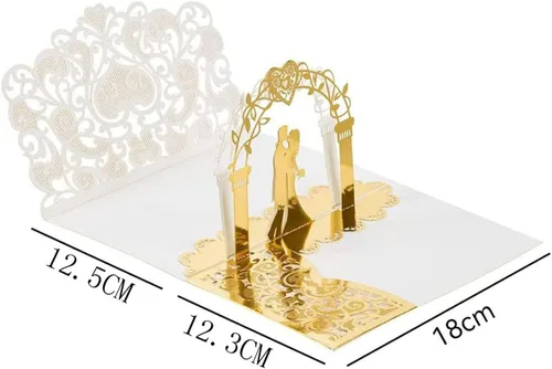 Miniatura 3 de NC Paquete de 10 invitaciones de boda desplegables en 3D doradas, elegantes tarjetas de aniversario de diseño de novia y novio para celebraciones