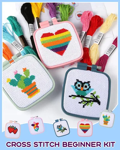 Miniatura 4 de Pllieay 5 kits de punto de cruz para principiantes para niños de 7 a 13 años, incluye 5 proyectos estampados y 5 aros de bordado cuadrados, 11