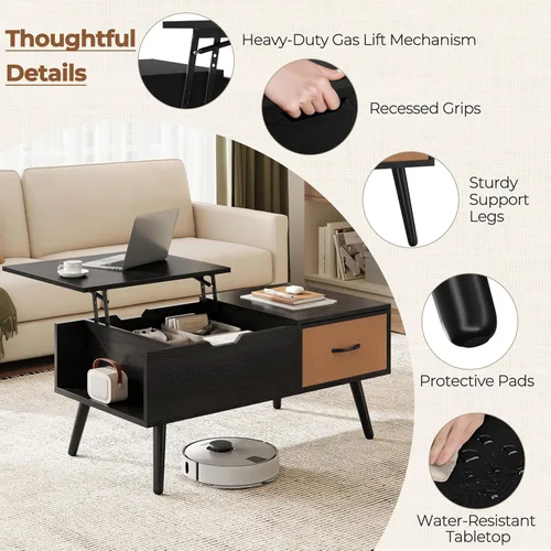 Miniatura 5 de Yaheetech Mesa de centro elevable para sala de estar, mesas centrales pequeñas de madera con gran cajón de almacenamiento y compartimento oculto