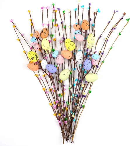 Vid artificial en aerosol de Pascua con huevos de Pascua y bayas pastel, tallos florales decorativos de primavera, ramas de ramitas de huevo de