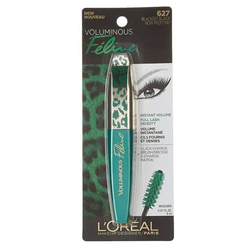 Máscara de pestañas lavable Voluminous Feline de L'Oréal Paris, 0.27 onzas líquidas, Blackest Black Negro