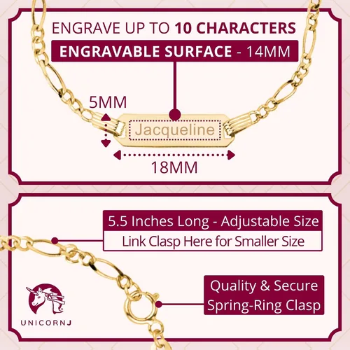 Miniatura 12 de UNICORNJ Pulsera de identificación de oro de 14 quilates grabable para niñas, niños y bebés, pulseras personalizadas con nombre de cadena Figaro