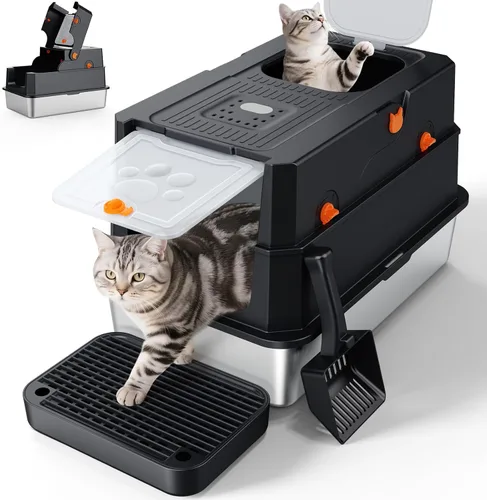 Miniatura 10 de FURTIME Caja de arena de acero inoxidable con tapa, caja de arena cerrada extragrande para gatos grandes, caja de metal para gatos con caja de alta